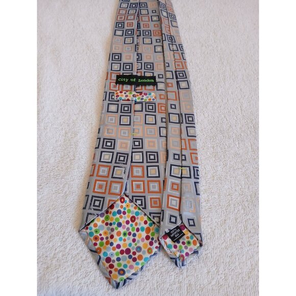 City Of London Silk Tie Gray With Geometric Squares Office Career - Picture 2 of 9